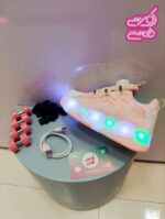 کفش اسکیتی بچه گانه صورتی مدل تاندر با چراغ روشن، چرخ‌های جداشونده و کابل USB